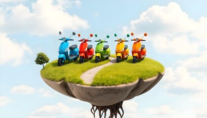 D Rendered Front View of Five Scooters with Vibrant Colors and Soft Blurred Background