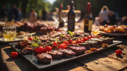 Barbecue party with people in the background, grilled steak, grilled meat, fire,  