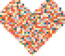 Pixelated Love Heart: A vibrant and colorful heart shaped design, crafted from a mosaic of pixelated squares. It's a modern, playful, and romantic illustration perfect for Valentine's Day, weddings, o