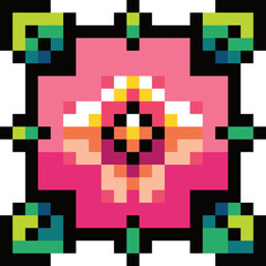 Pixelated Floral Frame: A vibrant, pixel art flower blooms within an ornate frame, offering a playful blend of modern and retro aesthetics. 