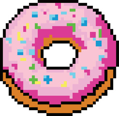 Pixelated Donut Delight: A pixel art rendition of a classic pink glazed donut with colorful sprinkles.  Perfect for adding a touch of sweetness and nostalgia to your digital designs.  