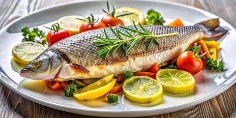 Freshly cooked European sea bass fillet garnished with lemon and herbs, served on a stylish white plate with a side of sautéed vegetables.