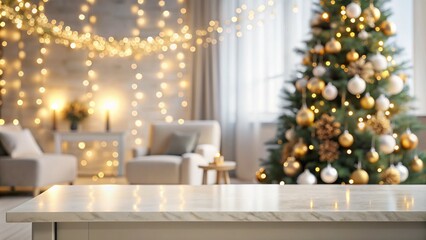 The product mockup features a mesmerizing display of blurred Christmas tree lights illuminating a crisp white tabletop. Create a warm and inviting atmosphere for showcasing your holiday gifts.