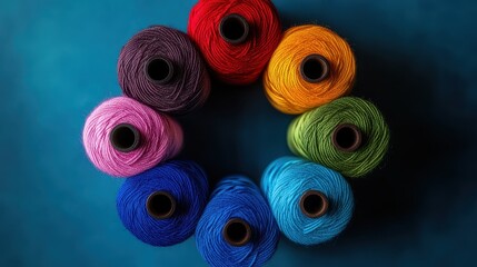 Colorful Yarn Spools Arranged in a Circle on a Blue Background - Vibrant Textile Art Supplies for Knitting and Crocheting