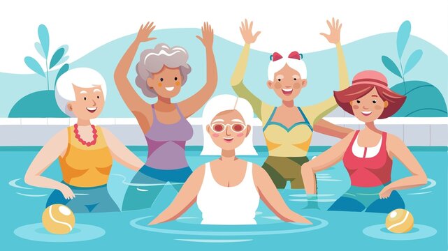 This captivating scene features active senior women enjoying an aqua fit class in a pool. The design captures the essence of a healthy and social retirement lifestyle.