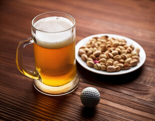 A mug of beer and pistachios on white plate on a wooden table with a tiny golf ball