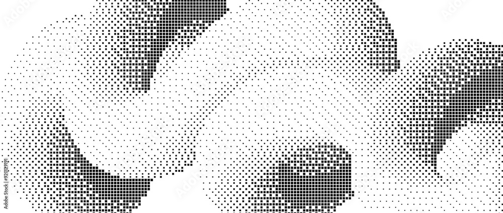 Poster Black pixelated gradient undulate shape. Dotted dither texture background. Fluid curvy form for banner, poster, leaflet, brochure. Abstract rasterized squiggle overlay wallpaper. Vector comic backdrop