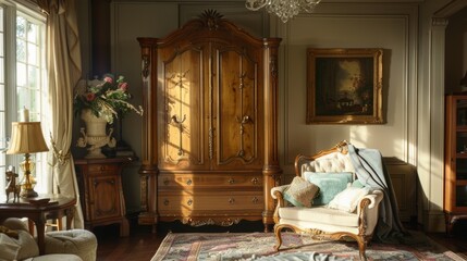 A grand Frenchinspired armoire stands in the corner providing ample storage space while also adding to the overall classical aesthetic of the room.