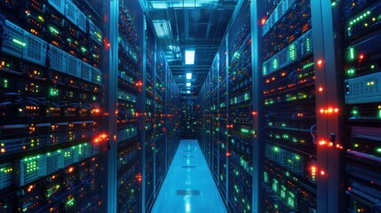 Fototapeta premium Server Room with Rows of Blinking Lights