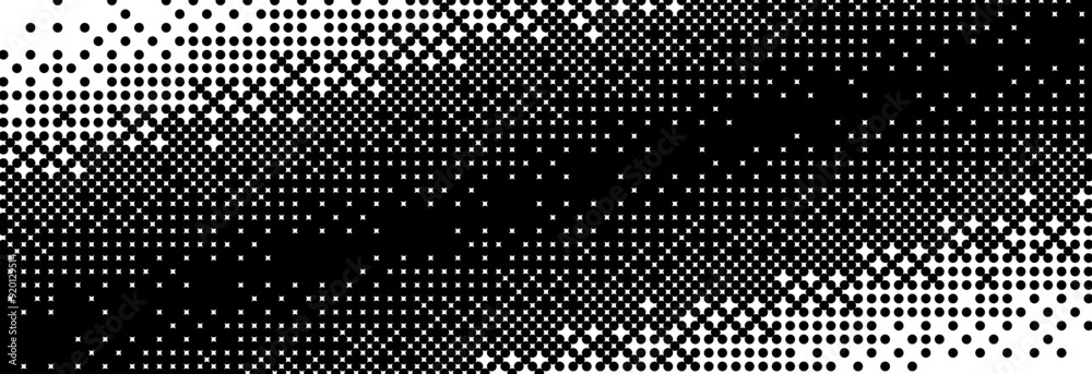 Poster Diagonal bitmap gradient texture. Black and white slanted dithering background. Abstract pixel oblique glitchy pattern. 8 bit retro video game screen wallpaper. Fading pixel halftone backdrop. Vector