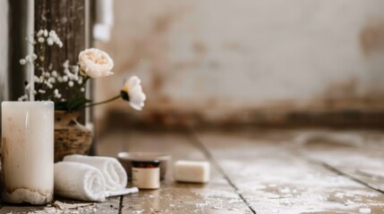 Messy Bathroom Scene with Overturned Folding Screen, Items Scattered on Floor, Minimalist Aesthetic, Cluttered Yet Simple Environment, Focus on Disarray and Disorder