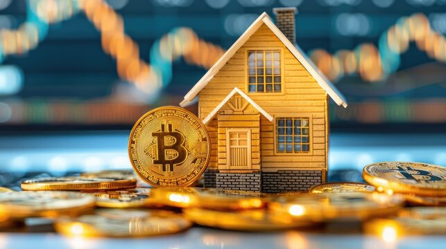 Small house model and bitcoin surrounded by gold coins, representing real estate investment and cryptocurrency finance.