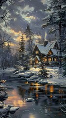 winter landscape dreamlike architecture abstract decorative painting