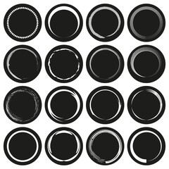 Set of decorative circle icons. Sixteen different round designs. Abstract black and white vector.