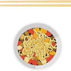 A bowl of noodles with meat and vegetables