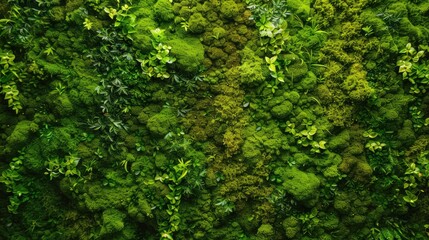 Green moss-covered wall as modern eco-friendly decor. Natural backdrop for design and text.