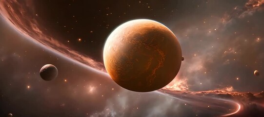 A vivid portrayal of an orange planet and its moon amidst the cosmic dance of stars and nebulae - Powered by Adobe