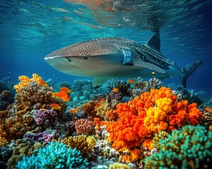 Fototapeta premium Underwater Marvels: Captivating Whale Shark Swimming Among Vibrant Coral Reefs in Crystal Clear Ocean Waters