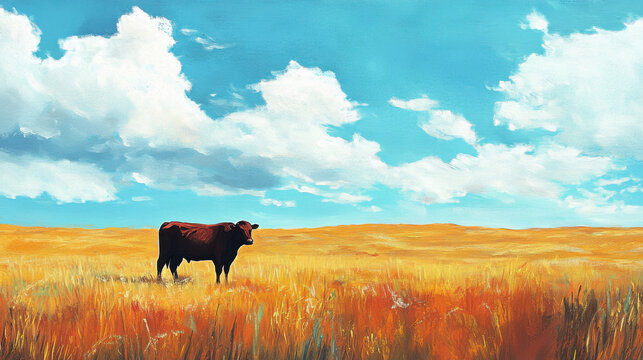 Cows were grazing on the lush grass under the blue sky. Peaceful rural pasture landscape and rolling fields