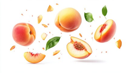 on white background Peach isolated. Whole peach flying with a slice on white background. Falling peach fruit with leaf and cut pieces. Full depth of field. stock photo 