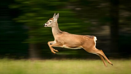 A deer is running super fast in the jungle from side view