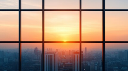 Fototapeta premium Stunning Urban Sunset View Through Modern Office Windows Overlooking City Skyline with Skyscrapers and Vibrant Sky