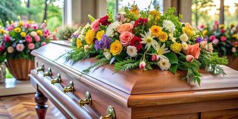 Obraz premium Casket prepared for funeral surrounded by beautiful flower bouquets, funeral, casket, flowers, bouquets