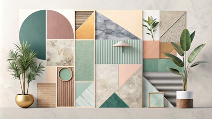 Modern minimalist collage artwork featuring geometric shapes and muted colors, abstract, contemporary, design, art