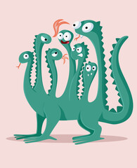 Dragon with Seven Heads from Fairytale Vector Cartoon Character. Evil villain creature from story books for kids 
