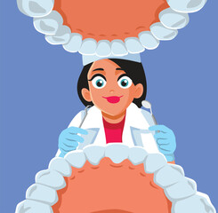 Female Dentist Looking into the Mouth of a patient Vector Cartoon. Dental Hygienist checking for problems in patient teeth 
