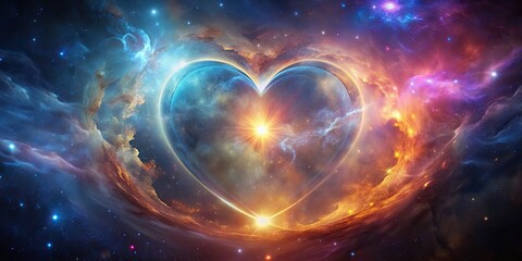 Beautiful postcard featuring a cosmic heart surrounded by a nebula, stars, and a bright glow , love, Valentine's Day