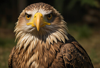 Fototapeta premium Realistic closeup brown color and yellow beak eagle with blurry background.