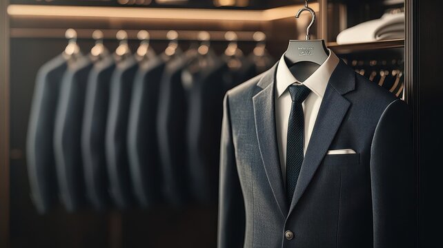 Butler presenting a freshly ironed suit on a hanger, professional and attentive service in a luxury environment, photorealistic