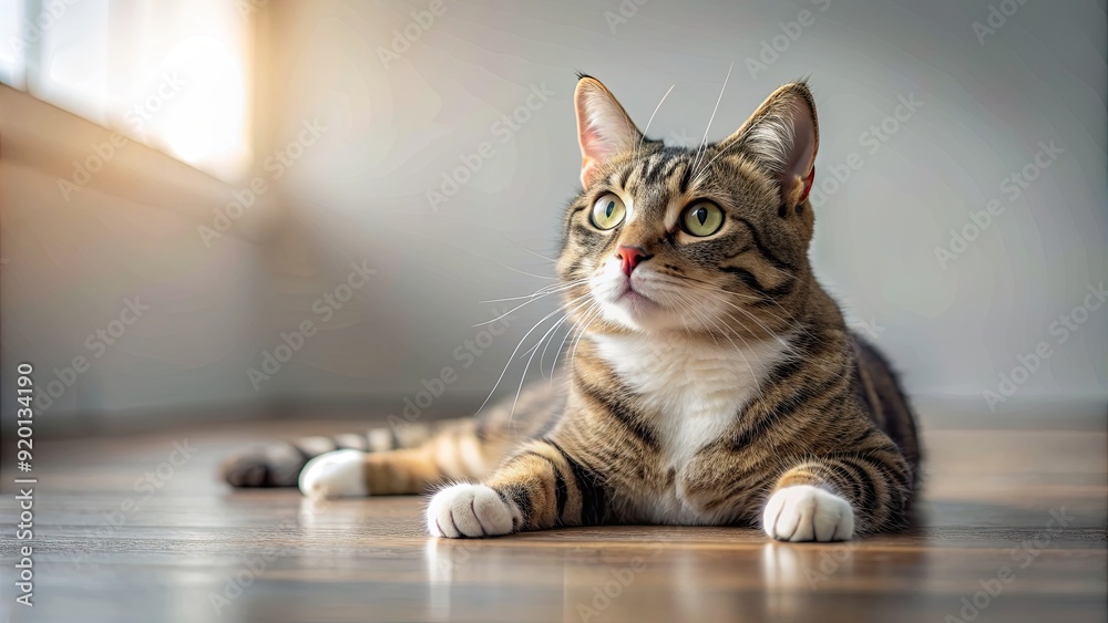 Sticker Cat lying on floor gazing upwards, cat, floor, looking up, curious, feline, whiskers, indoor, domestic, pet, adorable, cute, fur