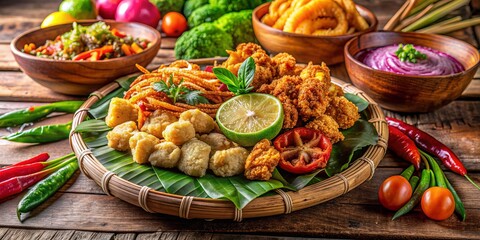 Vibrant Filipino street food arrangement featuring crispy chicharron bulaklak, fresh vegetables, and steaming rice on a rustic wooden table, evoking nostalgia and appetizing charm.
