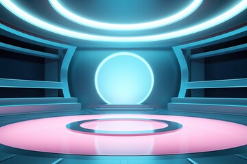 Futuristic interior with circular stage and glowing neon lights.