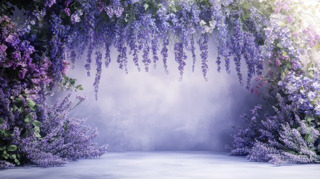 Elegant wall adorned with lavender and hanging lavender flowers, set against a misty arch background, creating a serene and sophisticated photography backdrop