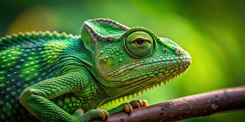 Fototapeta premium A green chameleon blending into its surroundings, camouflage, reptile, wildlife, nature, exotic, lizard