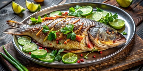 Freshly grilled whole fish with crispy skin, savory spices, and fragrant cilantro on a sleek metal plate, served with a squeeze of lime, showcasing gourmet appeal.