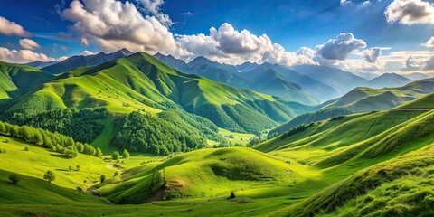 Obraz premium Beautiful green mountain landscape in sunny weather with grassy hills and blue sky in Georgia. Travel concept, nature