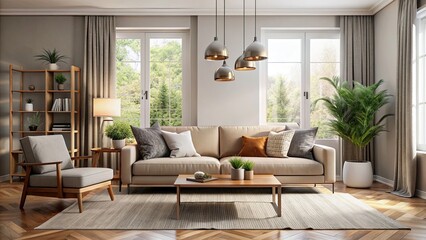 Fototapeta premium Cozy and modern living room interior with comfortable couch, elegant decor, and natural light, cozy, modern