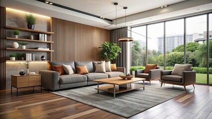 Fototapeta premium Modern living room with sleek furniture and minimalistic decor, contemporary, stylish, interior design, home decor