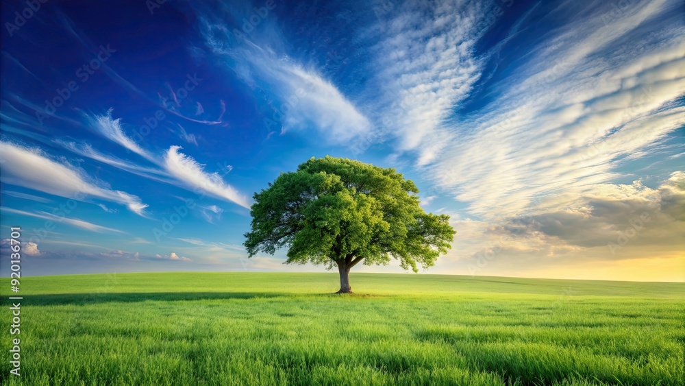 Sticker Lonely tree standing in a vast field , solitude, isolation, nature, landscape, countryside, single, remote, tranquil