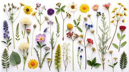 Collection of flat herbarium colourful wildflowers on background, wildflowers, colourful, flat lay, herbarium, collection