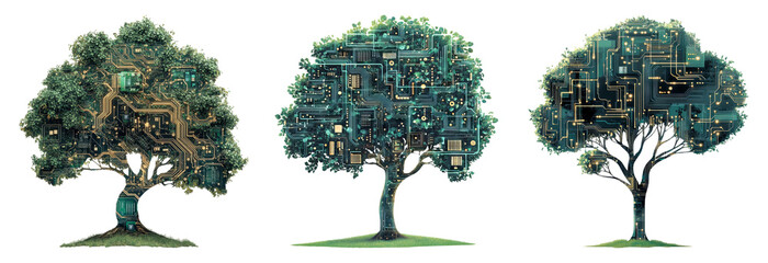 Digital trees set isolated on transparent background with electronic circuits futuristic and technological