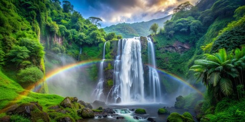 Fototapeta premium Majestic tropical waterfall cascades down steep cliff, surrounded by dense greenery, misty veil creates vibrant rainbow, in serene, untouched natural paradise atmosphere.