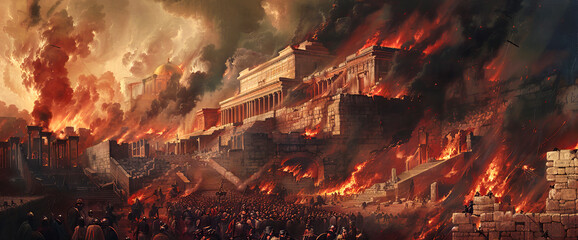Obraz premium Concept of a historic destruction of Second Jewish temple during Jewish-Roman war in Jerusalem