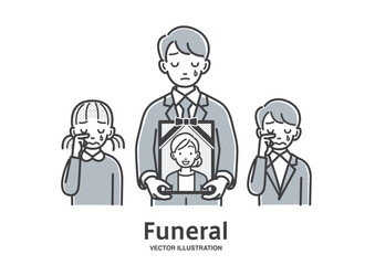 葬儀に列席する故人の夫と子供達