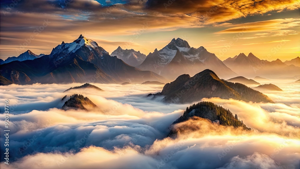 Wall mural Majestic mountains shrouded in mist , Fog, mist, mountains, serene, atmospheric, landscape, nature, tranquil, cloudy