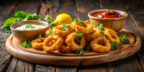 Vibrant, golden calamari poppers glisten with savory sauces, garnished with fresh parsley, on a rustic wooden platter, against a dramatic, dark cinematic background.